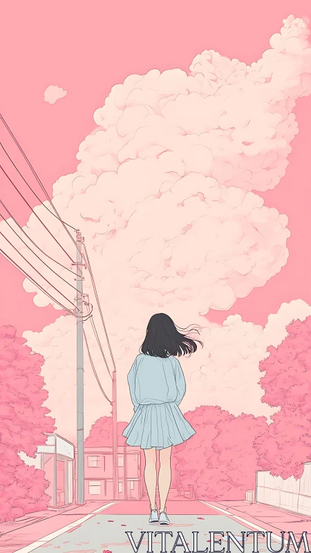 Girl walks beneath dreamy pink clouds on a quiet street