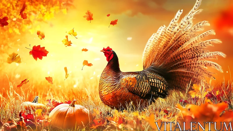 Autumn Wild Turkey Among Pumpkins and Falling Leaves.