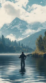 Angler in glacial valley lake under stratified alpine cloudfield.
