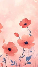 Graceful coral poppies bloom in soft pink dreamscape.