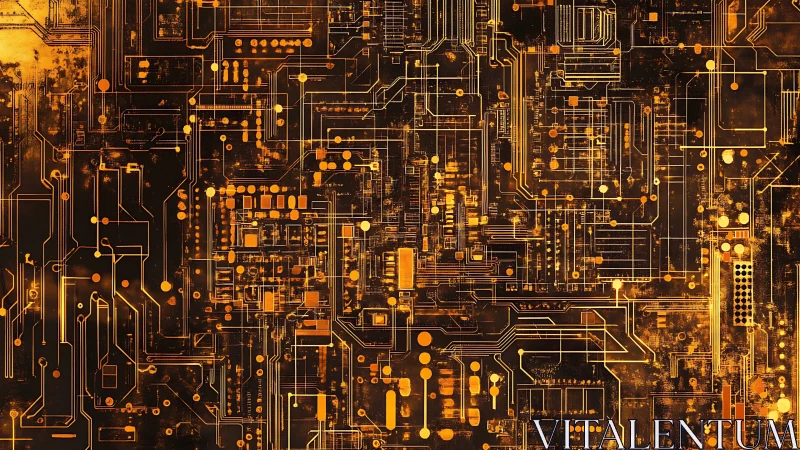 Golden circuit board network glows with futuristic energy