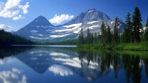 Snow-capped mountain range reflected in forest lake panorama.
