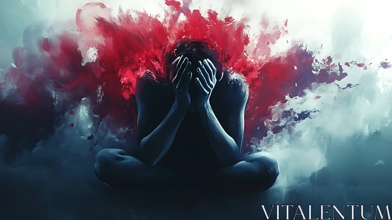 Solitary figure collapses as red emotional storm erupts.