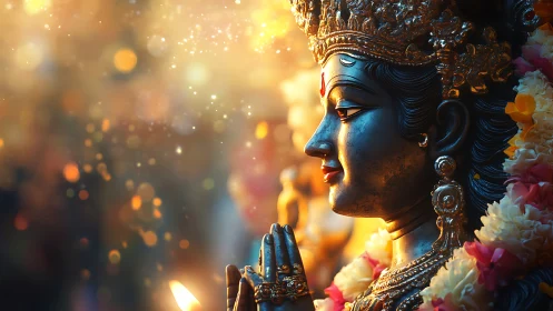 Radiant goddess statue in warm bokeh temple glow.