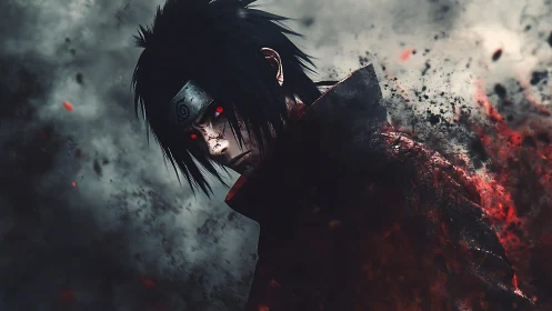 Storm-eyed ninja smoldering through a bloodred ash gale.