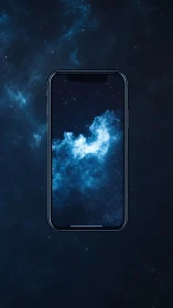 Smartphone screen mirroring deep blue cosmic nebula.