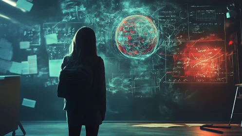 Student studies holographic science formulas on dark board.