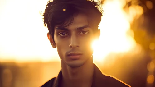 Sunlit portrait of young man in golden hour glow.