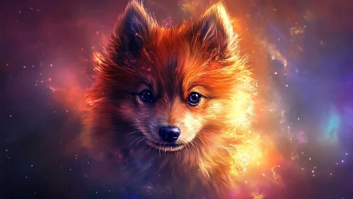 Vivid digital portrait of fluffy foxlike dog in nebula glow.