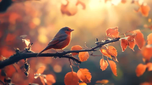 Small orange songbird on branch in warm autumn light.