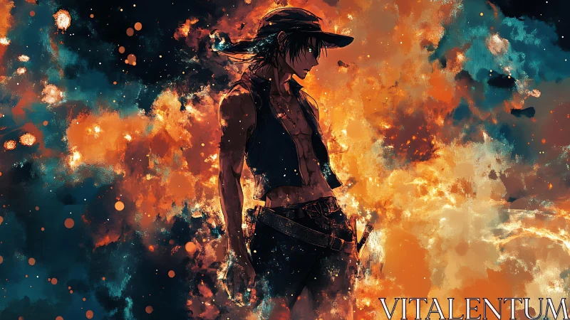 Fiery outlaw silhouette in explosive teal and orange nebula.