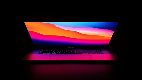 Laptop screen with vivid gradient wallpaper in dark setting.