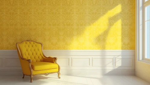 Yellow upholstered armchair sits in sunlit interior corner