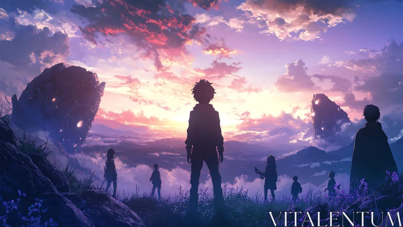 Silhouetted figures observe distant floating rock formations