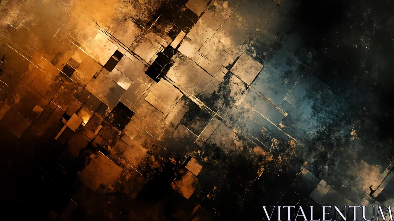 Abstract geometric art with gold and blue textures, digital painting.