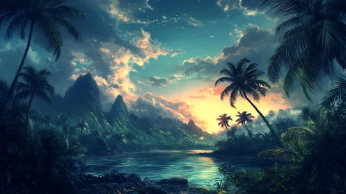 Tropical Paradise Landscape with Limestone Peaks and Lagoon at Sunset