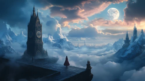 Gothic clock tower dominates misty alpine cityscape under full moon