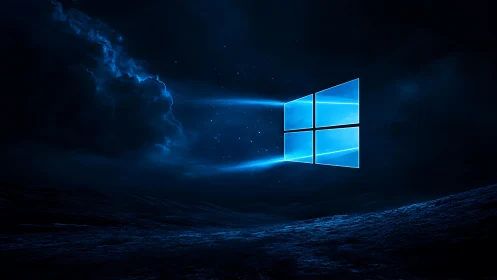 Windows logo glows over dark digital night landscape