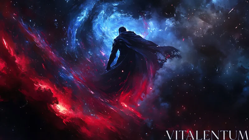 Starlit wanderer strides into a swirling cosmic rift.
