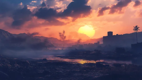 Digital painting sunset over misted river and distant cityscape.