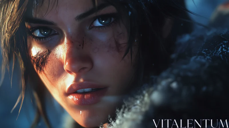 Frostbitten survivor portrait in high-detail digital render.