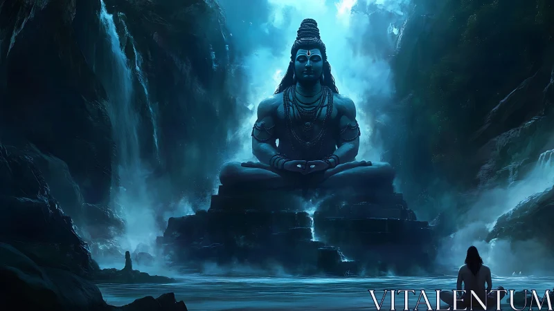 Meditative yogi before colossal Shiva statue in misty gorge.