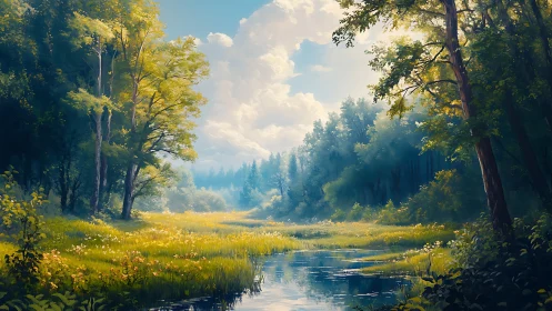 River Valley Landscape with Sunlit Forest Canopy and Meadow.