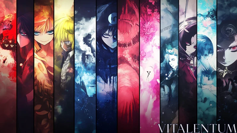 Anime character collage with dramatic color-split panels.