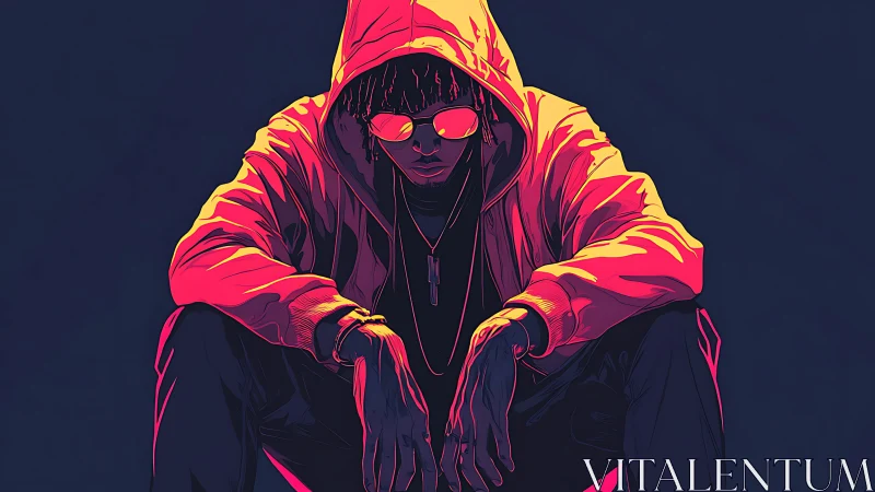 Neon hooded loner simmering in synthwave twilight hush.