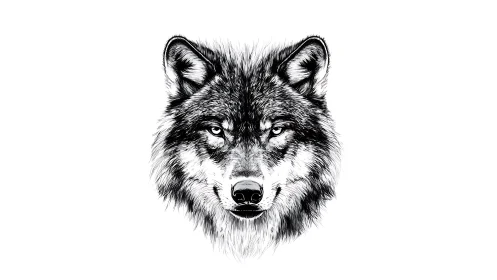 Wolf head ink illustration with intense monochrome detail.