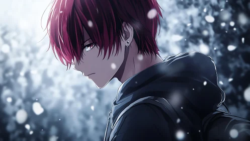 Snowlit rebel in a midnight hoodie walks through falling echoes.