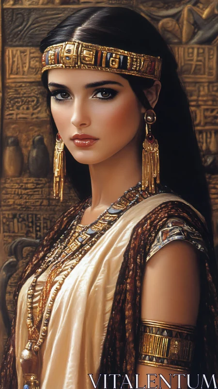 Egyptian queen portrait with ornate gold jewelry, stoic gaze.
