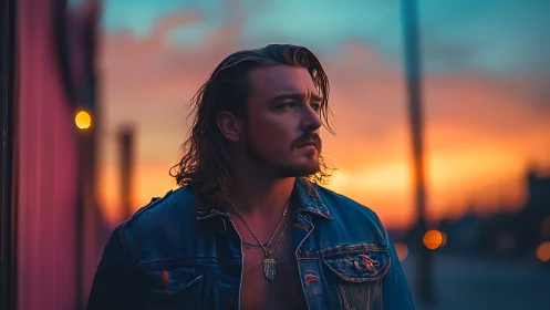 Sunset city portrait captures a pensive man in denim.