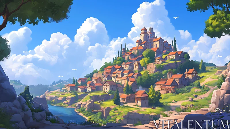 Sunlit terraced hill town with river in stylized digital painting