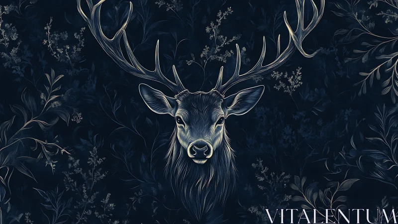 Line-art stag portrait with symmetrical antlers on dark botanical field