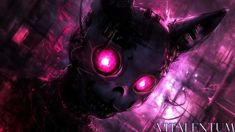 Cyberpunk feline skull construct with neon magenta core gaze.