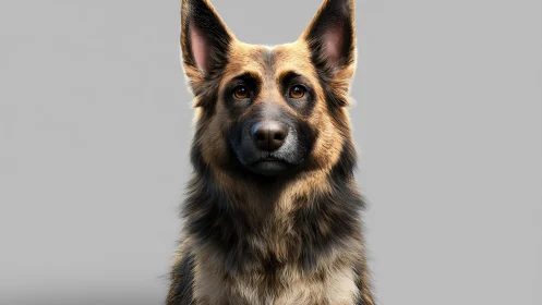 Regal German shepherd portrait in hyper-detailed render.