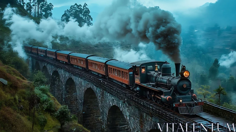Steam locomotive on stone viaduct in mist-laden valley.