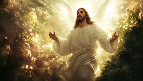 Figure in white robe stands central amid luminous foliage