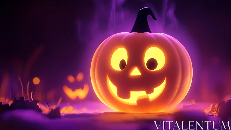 Glowing jack-o-lantern emits vibrant purple Halloween haze.