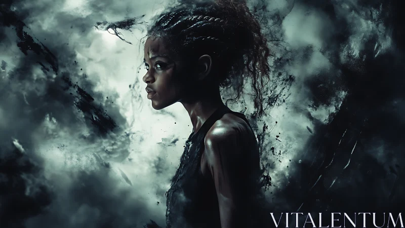 Storm-lit warrior profile amid swirling shadow clouds.