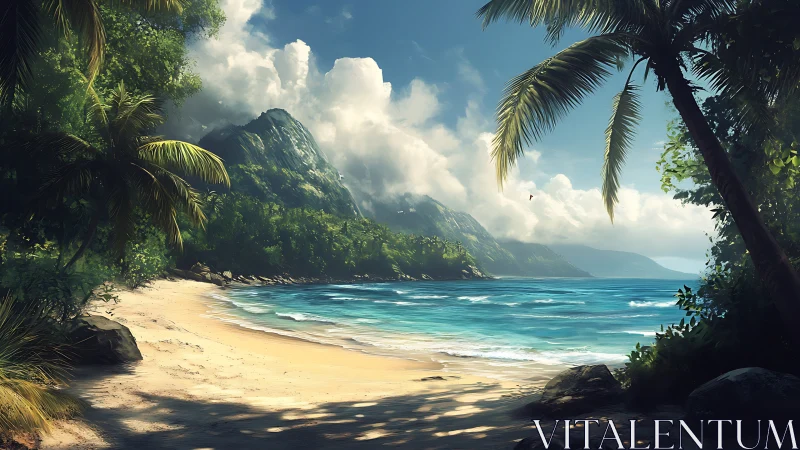Tropical Paradise Beach with Verdant Mountains and Crystalline Waters.