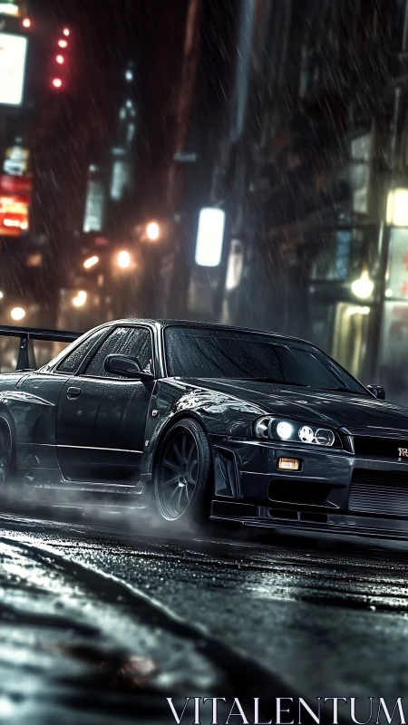 Modified sports coupe is parked on wet urban street at night