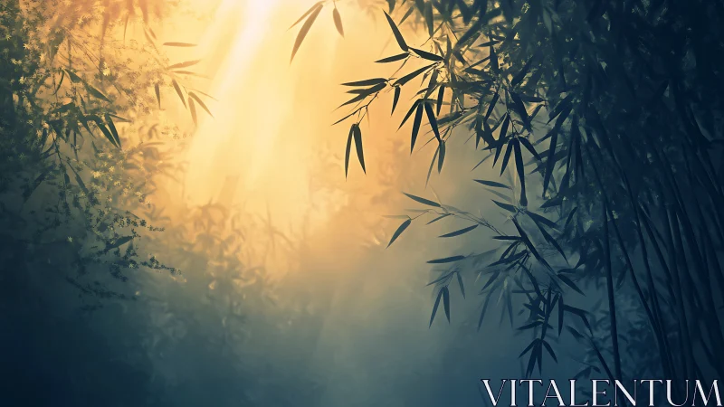 Sunlit bamboo canopy in mist with warm tonal contrast.