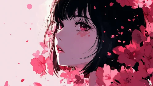 Melancholic girl amid crimson blossoms gazes into distance.