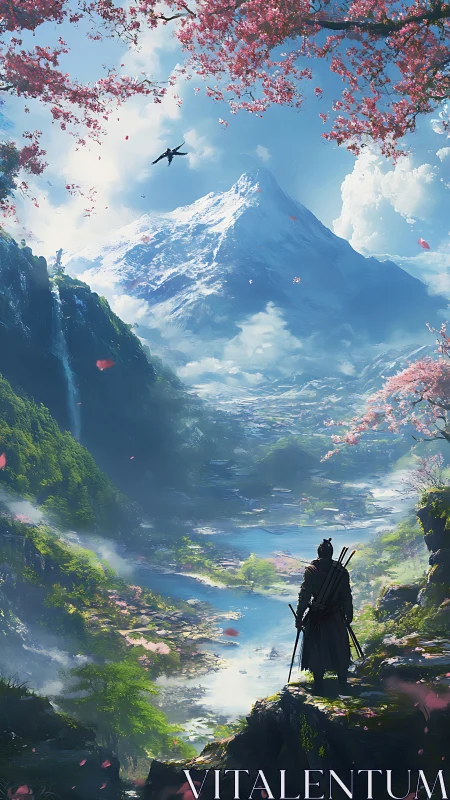 Samurai observing river valley beneath snow-capped mountain.