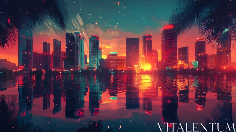 Neon-lit waterfront skyline renders vivid bokeh reflections at dusk