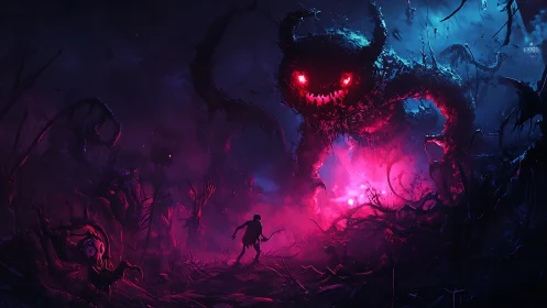 Neon-lit demon titan confronts lone figure in toxic wasteland