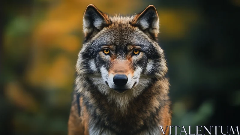 Lone wolf stares forward in a softly blurred autumn forest