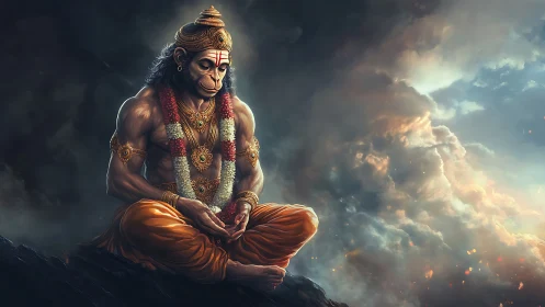 Digital painting of meditative Hanuman on stormlit precipice.